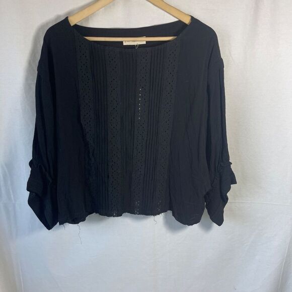 By Together NWT Black Round Neck Raw Hem Gauze Top Lace Detailing on Front Sz S - Picture 3 of 11